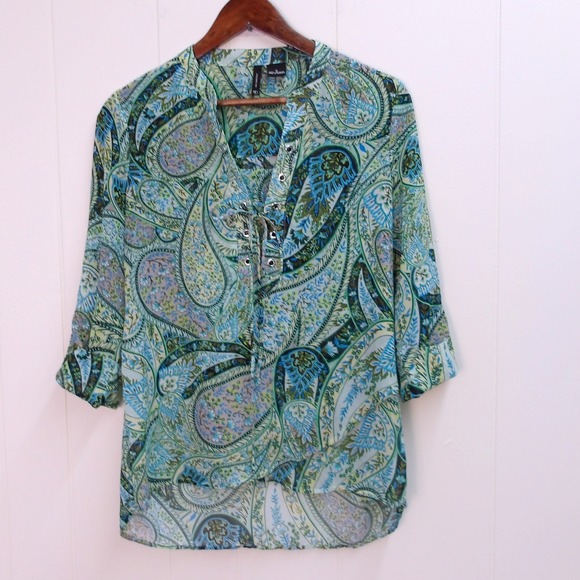 Paisley Print Sheer Blouse V Neck Lace Up 3/4 Sleeve Lightweight Top Sz S /#8040 - Picture 1 of 5